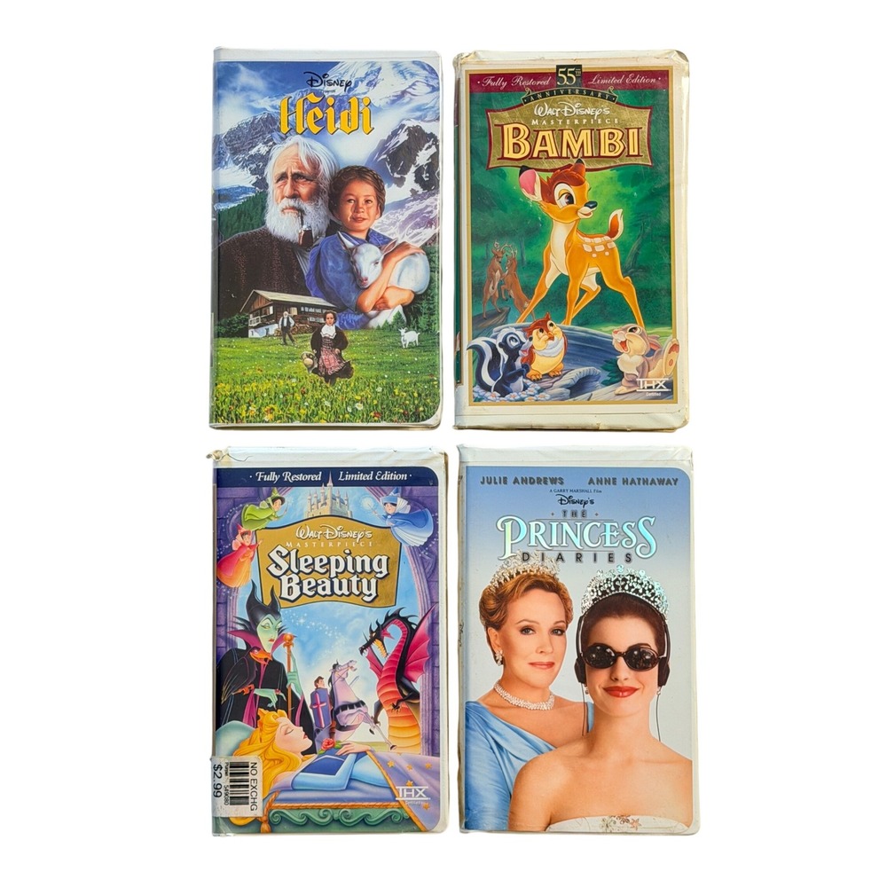 Disney VHS Lot of 4 Sleeping Beauty Bambi Princess Diaries 90s Movies Vintage